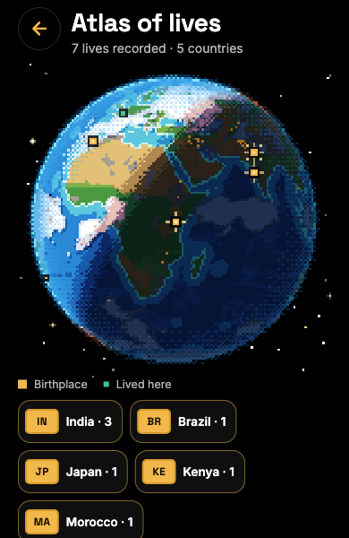 Screenshot of the Atlas of lives: the globe with the birthplaces of several lives and the countries visited.