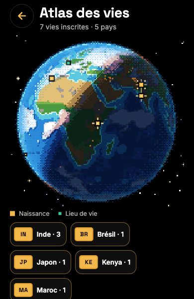 Capture de l’Atlas des vies : le globe avec les lieux de naissance de plusieurs vies et les pays visités.