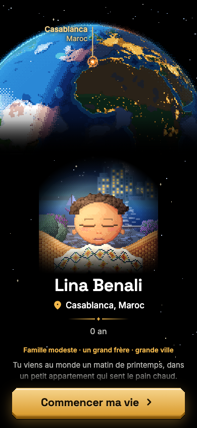 Capture de l’écran de naissance : le globe, la ville de naissance, le nom du personnage et sa famille.