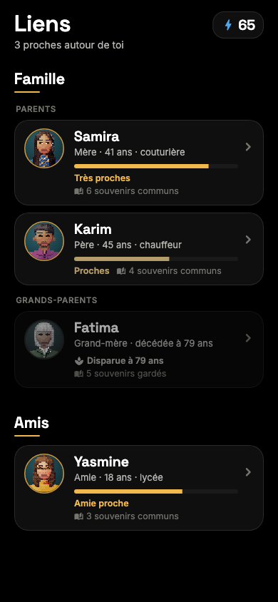 Capture de l’écran Liens : parents, fratrie, grands-parents et amis du personnage.