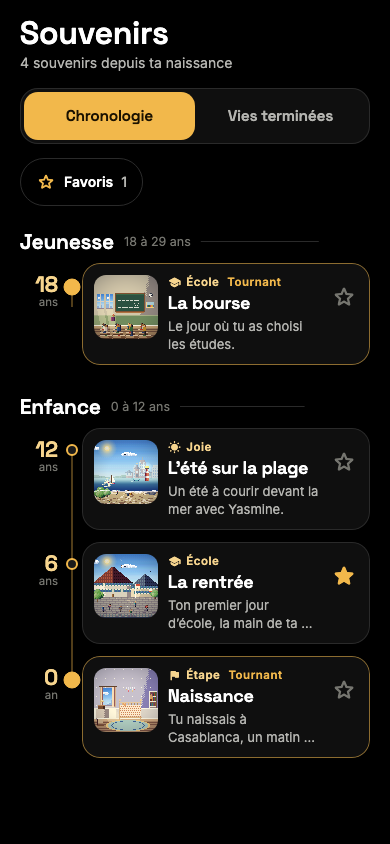 Capture de l’écran Souvenirs : la chronologie de la vie, de l’enfance à la jeunesse.