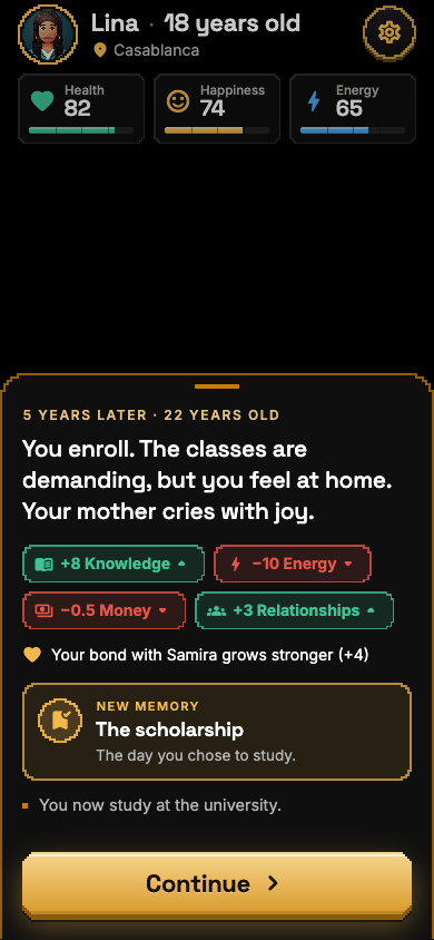 Screenshot of a choice’s consequences: gains and losses, a stronger bond, a new memory.