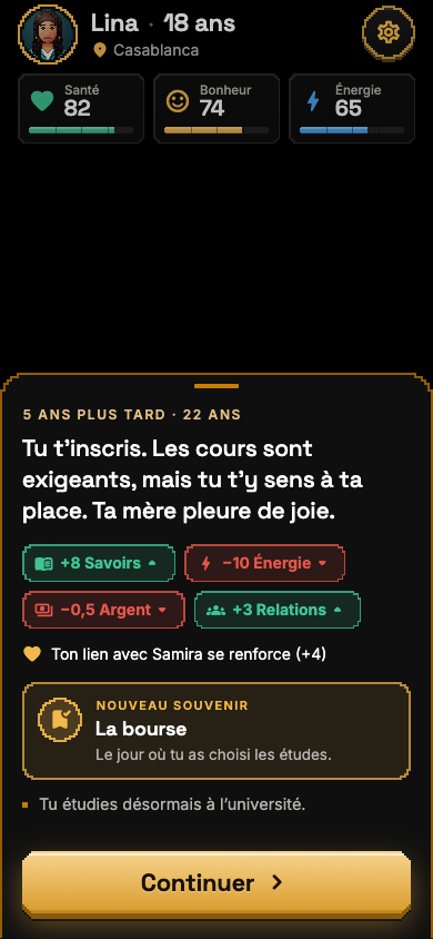 Capture des conséquences d’un choix : gains et pertes, lien renforcé, nouveau souvenir.