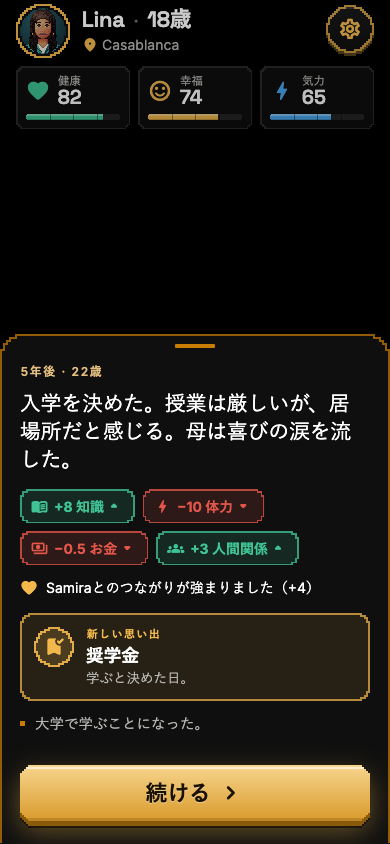 選択の結果のスクリーンショット:増減した数値、深まったつながり、新しい思い出。