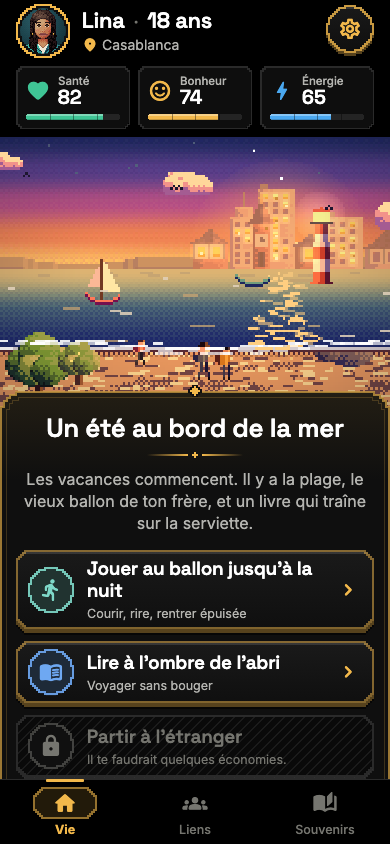 Capture d’une scène : un été au bord de la mer, avec trois choix dont un verrouillé.