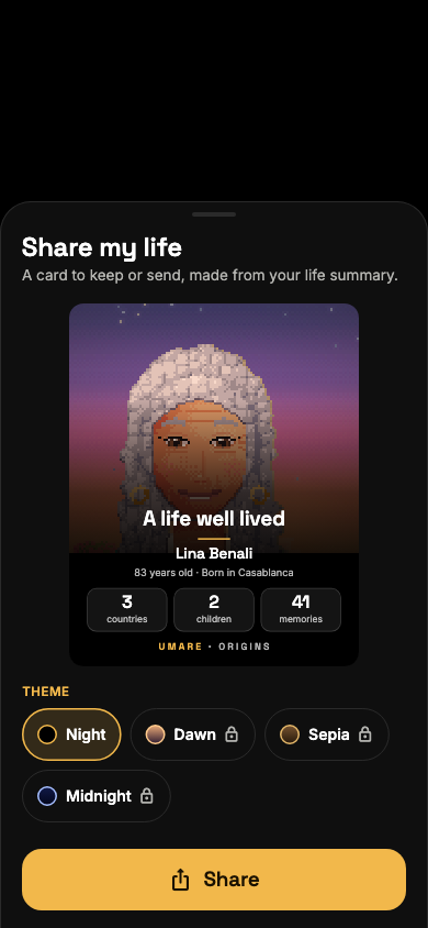 Screenshot of the share screen: the life card and its color themes.