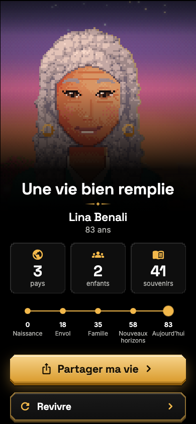Capture du bilan d’une vie : portrait, nombre de pays, d’enfants et de souvenirs, frise des âges.