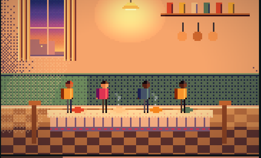 Pixel art illustration: a kitchen at dusk, four silhouettes around a table.