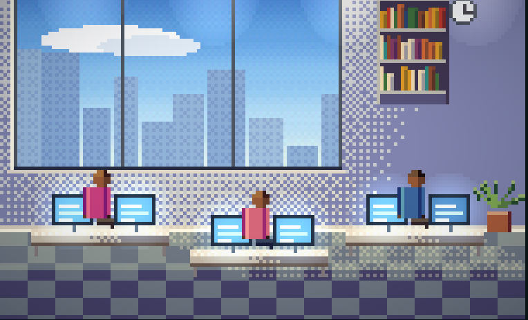 Pixel art illustration: a bright office with counters and big windows onto the city.